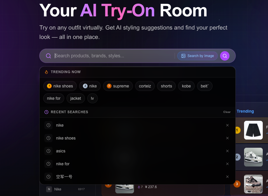 Search bar with trending tags, recent searches, image search, and magnifier in the hub.