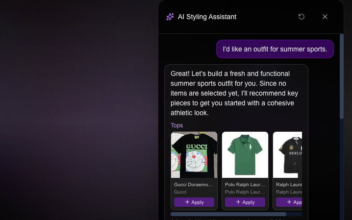 AI styling assistant chat with product carousel and apply buttons.